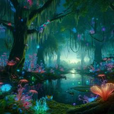 an image of a fantasy forest scene with flowers and plants in the water at night