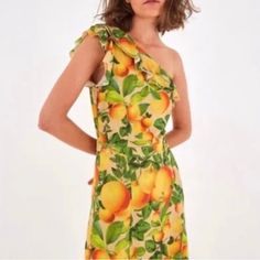 New With Tags! Green Fruit Print Dresses For Spring, Orange One-shoulder Dress With Floral Print, Orange One-shoulder Floral Print Dress, Orange One Shoulder Dress With Floral Print, Summer Orange Midi Dress For Garden Party, Orange Summer Midi Dress For Garden Party, Orange One-shoulder Summer Mini Dress, Spring One-shoulder Orange Maxi Dress, Orange One Shoulder Mini Dress For Summer