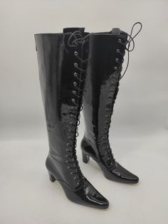 Chunky heel shiny leather women's boots. Every size available. Door to door express shipping. #chunky #boots #womenboots #leatherboots #laceupboots #handmadeboots #forher #tallboots #pointytoe #festivalboots #bemyboots #etsyaddict Fitted Round Toe Lace-up Boots With Leather Sole, Fitted Lace-up Boots With Leather Sole And Round Toe, Fitted Square Toe Boots With Leather Sole, Formal Fitted Snip Toe Lace-up Boots, Fitted High Heel Lace-up Boots With Leather Sole, Fitted Heeled Boots With Leather Sole And Almond Toe, Vintage Fitted Lace-up Boots With Snip Toe, Fitted Almond Toe Heeled Boots With Leather Sole, Lace-up Patent Leather Heeled Boots With Reinforced Heel