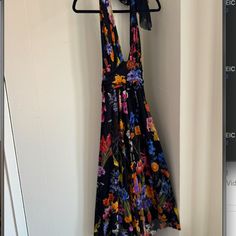 New With Tags - Never Worn. Open Back Black Silk Dress For Garden Party, Black Silk Midi Dress With Floral Print, Black Silk Floral Print Midi Dress, Floral Black Dress, Floral Dress Black, Black Floral, Open Back, Colorful Dresses, Black Dress