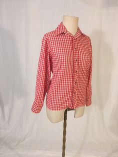 "vintage handmade western shirt red/white checkered print chevron front chest/back glassy red snap up 2 snap long sleeve cuff straight hem feels like maybe cotton/poly blend no size tag, fits like an XS-see below measures, lying flat, shoulder-15\" chest-17\" sleeve-22\" length-26 3/4\" from top of folded collar" Fitted Plaid Cotton Shirt, Country Style Button-up Shirt For Fall, Country Style Button-up Cotton Tops, Cotton Button-up Country Tops, Country Style Cotton Button-up Tops, Western Style Red Long Sleeve Tops, Red Western Long Sleeve Tops, Red Long Sleeve Western Top, Country Style Cotton Button-up Shirt