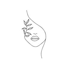 a line drawing of a woman's face with leaves on it