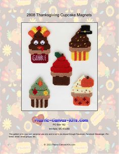 the thanksgiving cupcake magnets have been made with cross - stitch and beading