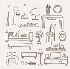 hand drawn furniture and decor items in black and white royalty illustration for interior design stock photo