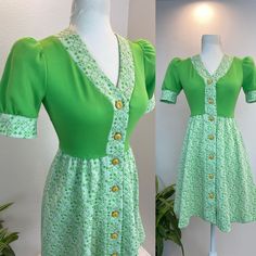 "1960s lime green dress / 60s dress / 1960s mod This vintage cutie is so much fun. She was made by Lynda Ann of California in the late 1960s. She has a lime green bodice with a green and cream check and square pattern on her skirt, collar, and cuffs. She has a button down front and slightly puffed sleeves. She is so mod 1960s! Measurements provided are flat and have been doubled. Bust 34\" Waist 26\" Hips free Length 33\" Shoulders 13\" ❤️ Condition: Excellent vintage condition. Flaw: Please see Vintage Fitted Green Dress, Green Fitted Vintage Dress, 1970s Style Green Summer Dresses, Green Retro Vintage Dress With Short Sleeves, Green Short Sleeve Vintage Dress For Spring, Retro Fitted Green Mini Dress, Mid-century Green Summer Dress, Fitted Green Vintage Dress For Spring, Green A-line Vintage Summer Dress