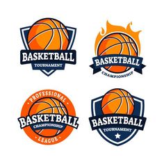 four basketball emblems with flames on the bottom and one ball in the middle,