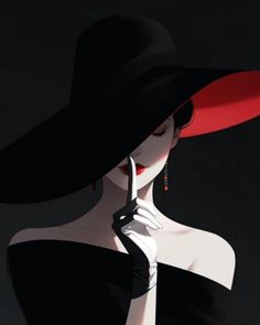 a woman in a black dress and red hat