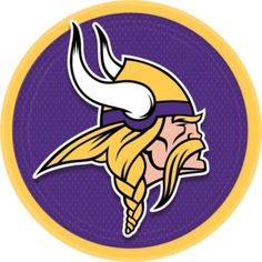 the minnesota vikings logo on a purple and yellow circle with an orange helmet in the center