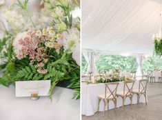 the reception tables are set up with white linens and floral centerpieces, along with greenery