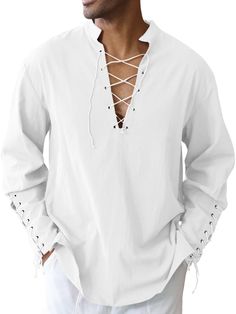 PRICES MAY VARY. 【Feature】: Mens Halloween medieval pirate cosplay shirt, long sleeves, v neck, cuff with drawstring, banded collar, lace up closure, loose fit, split hem, Medieval vintage style. 【Material】: 70% Cotton and 30% linen. Crafted from high-quality linen fabric, this shirt is soft, lightweight, and breathable. Keep you comfortable while participating in various activities. 【Match】：This shirt can match with cosplay pants, hats and belt, and great for wearing with all kinds of boots. 【O Diy Pirate Costume Men, Medieval Pants, Medieval Pirate, Medieval Shirt, Costume Pirate, Pirate Cosplay, Pirate Shirt, Mens Halloween, Medieval Party