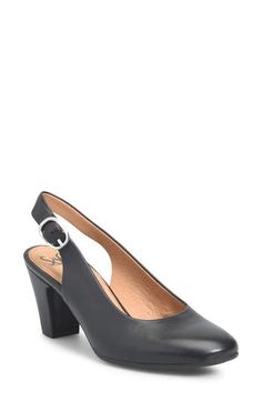 A sculpted pump crafted from smooth leather is supported by plush memory foam and a steady block heel. 2 3/4" heel Adjustable ankle strap with buckle closure Memory foam cushioned footbed Leather upper/textile lining/synthetic sole Imported Slingback Pump, Women's Pumps, Smooth Leather, Block Heels, Ankle Strap, Memory Foam, Leather Upper, Nordstrom, Size 7