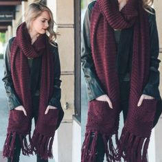 Oversized Chunky Pocket Tassel Scarf - Women's Scarf - Choose From 3 Colors Cozy Fringed Scarves For Fall, Cozy Winter Scarves With Fringe, Cozy Chunky Knit Scarves For Fall, Cozy Chunky Knit Fall Scarves, Casual Chunky Knit Scarves For Fall, Casual Chunky Knit Fall Scarves, Chunky Knit Casual Scarves For Fall, Knit Infinity Scarf For Fall, Casual Chunky Knit Infinity Scarf For Fall