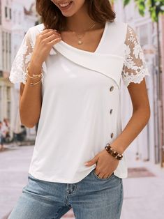 Spring Asymmetrical Sheer Top, Sheer Asymmetrical Spring Tops, Sheer Asymmetrical Top For Spring, V-neck Lace Top For Layering, Shomiz Blouses, Mesh Clothing, Asymmetrical Shirt, Plain Shorts, Mesh Blouse