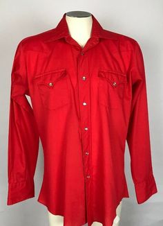 Vintage H BAR C California Ranchwear Pearl Button Snap Shirt Solid Red. There is no size on the label so we can only go by measurements.  Measurements: Shoulder to Shoulder: 19" Shoulder to Bottom Hemline:30" Seam:26" Chest:23" Red Shirt With Snap Buttons For Fall, Red Fall Shirt With Snap Buttons, Red Collared Flannel Shirt, Red Button-up Shirt For Fall, Red Shirt With Button Closure For Fall, Red Button Closure Shirt For Fall, Fall Red Shirt With Snap Buttons, Red Cotton Shirt With Spread Collar, Red Long Sleeve Shirt With Pockets