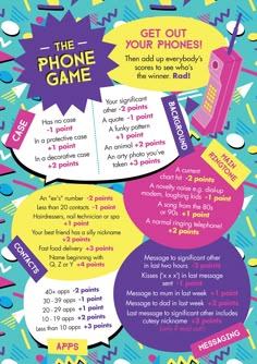 an advertisement for the phone game, with colorful speech bubbles and numbers on blue background