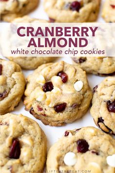 cranberry almond white chocolate chip cookies on a plate with the title above it