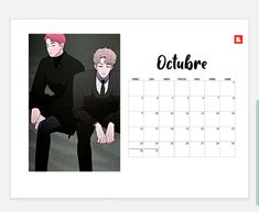 a calendar with an image of two people in suits and tie sitting on a bench