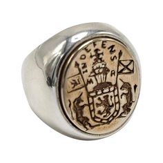 Crest Signet Ring Sterling Silver Bronze Unisex J Dauphin can be worn by women or men. Inspired by Queen Mary of Scots ring. Gold signet-ring; engraved; shoulders ornamented with flowers and leaves. Oval bezel set with silver intaglio depicting achievement of Mary Queen of Scots: shield of Scotland surrounded by collar of thistle, supported by two unicorns; crest: crowned lion sejant affronté holding sword; dexter: banner with arms of Scotland; sinister: flag with three bars over saltire. Inscri Queen Mary Of Scots, Mary Of Scots, Two Unicorns, Wax Seal Ring, Emerald Engagement Ring Set, Gold Diamond Wedding Band, Diamond Fashion Rings, Engagement Wedding Ring Sets, Vintage Style Rings