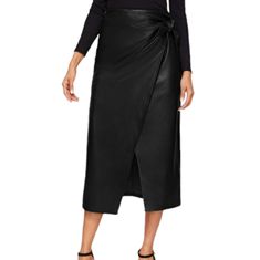 Elegant High Waist Knot Side Wrap Pu Leather Midi Skirt Nwt Offers Encouraged Features: This Elegant High Waist Midi Skirt Is Made Of Soft Pu Leather With A Slight Stretch For A Comfortable Fit In All Seasons. The Skirt Features A Self-Knot Tie, Wrap Design, And Zipper Closure For Easy Dressing. It Is A High Waisted Bodycon Skirt With A Split Leg Design To Show Off Your Charming Leg Line. Condition: New With Tag *Needs A Good Steaming/ Iron On The Inside Of Garment* Color: Black Size: Large (L) Cool Mom Style, Pu Skirt, Faux Leather Midi Skirt, Pu Leather Skirt, Skirt Outfits Fall, Tie Skirt, Leather Midi Skirt, Work Style, Black Midi Skirt