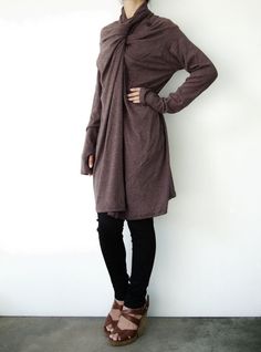 NO.61 Dusty Brown Cotton-Blend Jersey Versatility by JoozieCotton Wrap Sweater For Winter Workwear, Wrap Sweater For Work In Winter, Winter Wrap Sweater For Workwear, Winter Wrap Sweater For Work, Winter Lagenlook Long Sleeve Cardigan, Winter Lagenlook Sweater For Layering, Fall Layering Lagenlook Cardigan, Convertible Cardigan, Dusty Brown