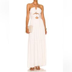 A.L.C. Kai Beaded Cut Out Halter Neck Tiered Maxi Dress **Brand New Without Tags** Please Note, This Dress Does Not Include The Beads Shown In The Picture With Model. 100% Poly Made In China Spot Clean Fully Lined Color: Glace Size: 4 Chic White Maxi Dress For Evening, White Feminine Maxi Dress For Evening, White Maxi Dress For Spring Cocktail, White Feminine Evening Maxi Dress, Feminine White Evening Maxi Dress, White Summer Cocktail Maxi Dress, White Cutout Summer Dress, Summer White Cutout Dresses, White Summer Evening Maxi Dress