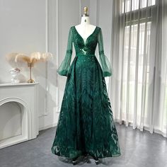 Emerald Enigma: Crystal-Adorned V-Neck Gown with Long Sleeves for Plus Size Wedding Elegance. Green Wedding Dress For Bride, Emerald Wedding Dress, Emerald Green Wedding Dress, Dress For Women Wedding, Green Wedding Dress, Gown With Long Sleeves, Starlit Night, Wedding Dress For Bride, Emerald Green Wedding