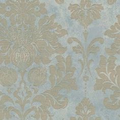 a blue and beige wallpaper with an ornate design