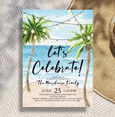 a beach party with palm trees and string lights on the water is featured in this postcard