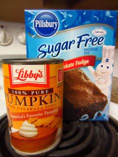 a can of sugar free pumpkin pudding next to a box of sugar free brownies