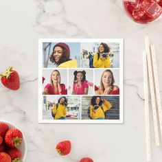 four pictures of women with strawberries on the side and two strawberries next to them