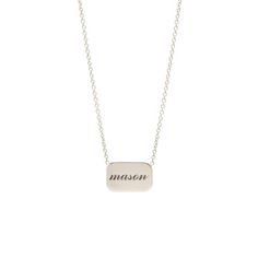 14k gold rounded rectangle disc necklace with a name of your choice engraved in lowercase script, "mason" pictured SPECIFICS • 14k tiny cable chain adjustable at 16-17-18"• pendant tag is approx. 13mm x 6.4mm• available with up to 6 characters• please note all engraving will be done in lowercase letters for this piece ***This item is considered custom and is NOT eligible for return. If you have any questions about the piece before purchasing please email direct@zoechicco.com. Elegant 14k Gold Necklace With Hand Stamped Details, Elegant 14k Gold Hand Stamped Necklaces, Elegant 14k Gold Necklace Hand Stamped, Personalized 14k Gold Necklace With Rectangular Pendant, Personalized Oval Sterling Silver Charm Necklace, Personalized Oval Sterling Silver Charm Necklaces, Classic Engraved Charm Necklaces For Mother's Day, Modern Personalized Rectangular Necklaces, Classic Everyday Customizable Necklaces