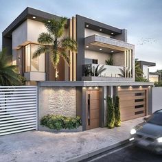 a car drives past a modern house with palm trees on the front and side walls