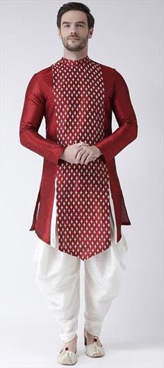 Red and Maroon color Dhoti Kurta in Dupion Silk fabric with Printed work Red Salwar Kameez For Festive Transitional Season, Festive Red Salwar Kameez For Transitional Season, Transitional Festive Red Salwar Kameez, Transitional Red Kurta With Zari Work, Bollywood Style Red Kurta For Transitional Season, Transitional Red Art Silk Salwar Kameez, Red Art Silk Kurta With Dupatta, Red Art Silk Kurta For Transitional Season, Red Traditional Drape Sets For Diwali