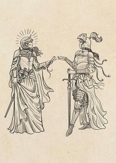 an old drawing of two knights standing next to each other with swords in their hands