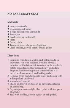 the ingredients for no bake craft clay on a pink and white background with text