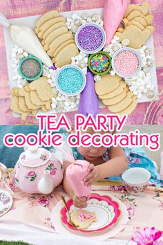 tea party cookie decorating with pink and purple flowers on the table, including cookies