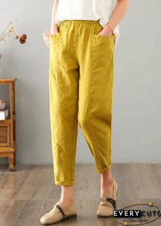 Red Pocket, Cropped Linen Pants, Cotton Linen Pants, Summer Yellow, Linen Crops, Solid Color Pants, Pants Summer, Stylish Pants, Linen Maxi Dress