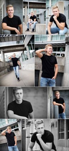 a man in black shirt and jeans posing for a photo collage with his hands on his chins