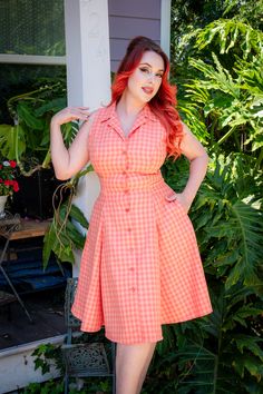 The Betty Lou Dress is a classic day dress with classic collar, full button up, and ties at the back. This design also incorporates Princess Seams and a full 6-panel skirt for a figure-flattering fit. The lightweight fabric makes it perfect for warm-weather wear. 100% Cotton Full Button Up Ties in back Princess Seams Full 6-Panel Skirt with Pockets! Twirl Skirt, Button Skirt, Mod Girl, Paneled Skirt, Aline Dress, Weather Wear, Panel Dress, Vintage Inspired Dresses, 50s Fashion