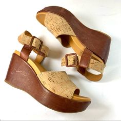 Kork- Easy Leather Platform Wedge Sandals Nwot Has Some Marks On The Leather Wedge (Unnoticeable) Brown Cork Wedge Sandals For Summer, Summer Brown Cork Wedge Sandals, Cork Wedge Sandals With Heel Strap And Round Toe, Adjustable Brown Wedge Sandals With Cork Bed Midsoles, Brown Cork Platform Wedge Sandals, Everyday Brown Wedge Sandals For Spring, Brown Cork Wedge Sandals With Removable Insole, Brown Wedges, Sandals Brown