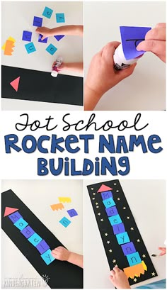 this is a collage of pictures with the words rocket name building written on it