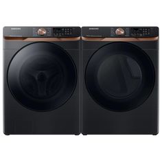 the front load washer and dryer are shown in black, with copper accents