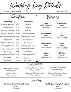 the wedding day schedule is shown in black and white