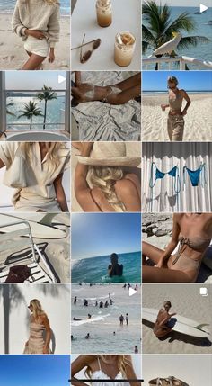 a collage of photos with people on the beach and in the water, one woman is wearing a bathing suit