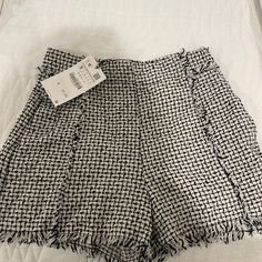 New With Tags! Zara High-Waisted Black And White Checkered Shorts Trendy Tweed Bottoms For Spring, Fitted Tweed Casual Bottoms, Chic Tweed Shorts, Short Tweed Bottoms For Work, Spring Black Tweed Bottoms, Fitted Tweed Shorts, Chic Tweed Shorts For Summer, Chic Summer Tweed Bottoms, Chic Summer Tweed Shorts