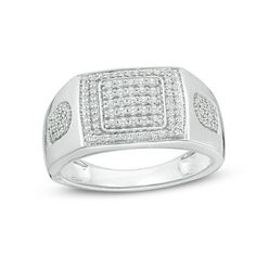 Bring him the bling with this distinctive and sparkling diamond ring. Crafted in sterling silver, this bold design showcases a framed squared diamond composite at its center wrapped in a rectangular diamond border. Shaped side accents filled with diamonds are a unique touch. Handsome with 1/2 ct. t.w. of diamonds and a bright polished shine, this style shimmers. Custom-made to fit his ring size. Sterling silver rings cannot be resized after purchase. Silver Radiant Cut Diamond Ring With Single Cut Diamonds, Classic Rectangular Signet Ring With Diamond Accents, White Signet Ring With Diamond Accents, White Signet Ring With Diamond Accents In Fine Jewelry, Fine Jewelry Rings With Diamond Accents And Square Cut, Modern Rectangular Diamond Ring With Single Cut Diamonds, Square Cut Diamond Jewelry With Accents, Dazzling Square Cut White Gold Diamond Ring, White Signet Ring With Diamond Accents For Anniversary