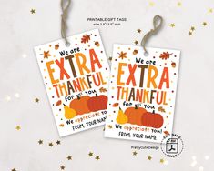 two tags with the words, we are extra thanful for you and pumpkins