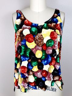 "A fun, fully embellished vintage piece in perfect condition! Measurements: Bust - 32/34\" Length - 21\" Tag Size - Medium (fits like a small) All items come from a smoke-free and pet-free home. If you have any questions, please don't hesitate to ask!" Fun Multicolor Tops For Party, Fun Multicolor Party Tops, Festival Multicolor Sequined Tops, Multicolor Sequined Tops For Festivals, Embroidered Tops For Party And Festivals, Multicolor Festive Tops For Party, Multicolor Beaded Tops For Festival, Bohemian Multicolor Party Tops, Festive Multicolor Party Tops