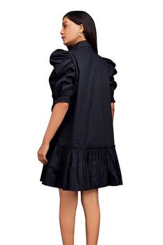 Black dress with front buttons, gathered bottom and  all over pleated frill detailing on front. - Aza Fashions Dresses Short Black, Dress With Front Buttons, Frill Dress, Dresses Short, Women Dresses, Aza Fashion, No Frills, Black Cotton, High Neck