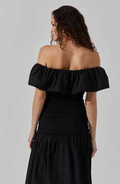 Shirred off shoulder ruffle dress Left leg slit to above knee  Unlined 100% Cotton Dry clean only Style # ADR102395  SIZE + FIT  Model Info  Model is wearing size S Model height is 5'9" Product info for size small  Length: 51" Bust: 26 1/2" Waist: 23" Off Shoulder Ruffle Dress, Shoulder Ruffle Dress, Summer Wardrobe Essentials, Cherry Dress, Astr The Label, Cotton Midi Dress, Made Clothing, Toddler Girl Outfits, Comfortable Dress